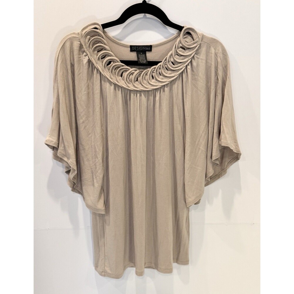 Design 365 Women’s Top Size Small S Beige Nude Braided Collar Angel Sleeve